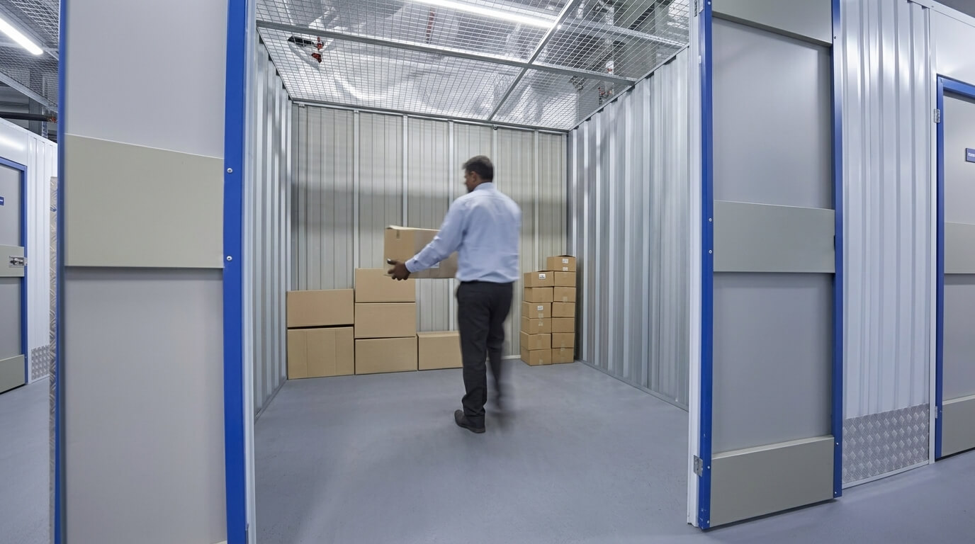 Seorang pria membawa kotak kardus di dalam unit penyimpanan dengan tumpukan kotak di dinding