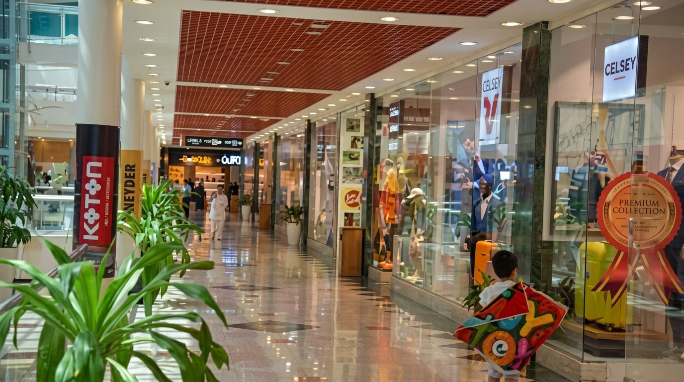 Anak-anak memegang bantal warna-warni berjalan di koridor pusat perbelanjaan dengan toko Koton dan Celsey terlihat