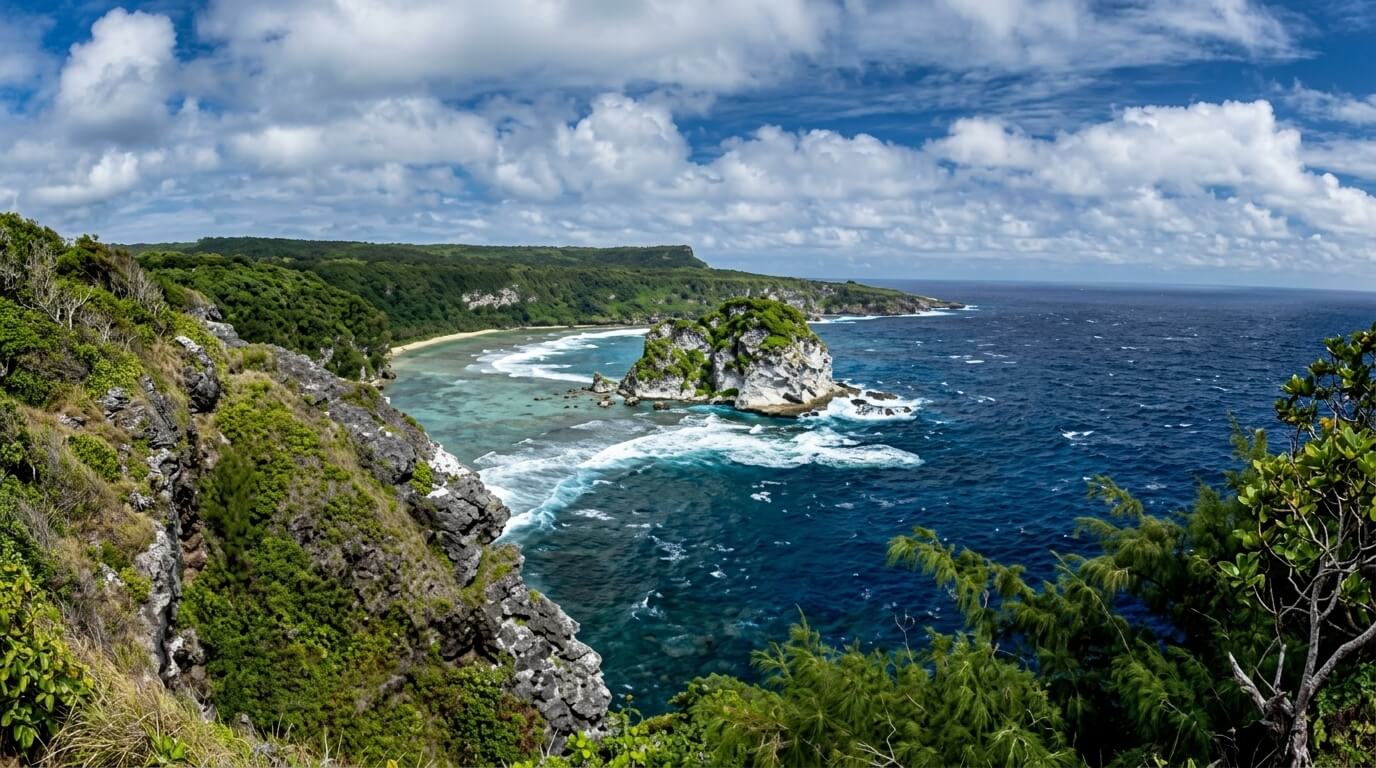Coastal cliffs and lush greenery overlooking a rocky island and turquoise ocean under a partly cloudy sky