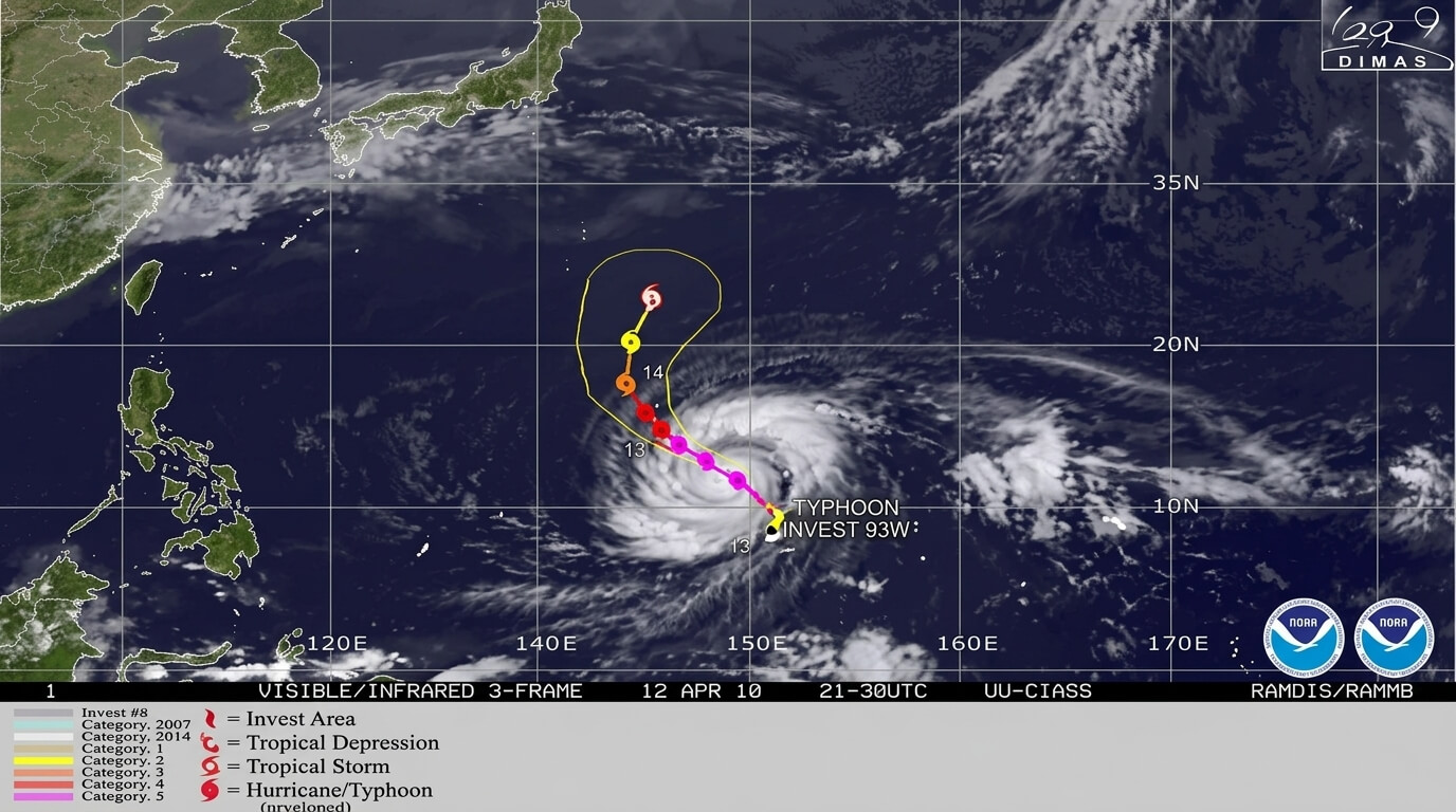 Satellite image showing Typhoon Invest 93W with its projected path and intensity categories in the Western Pacific Ocean near the Philippines and Japan.