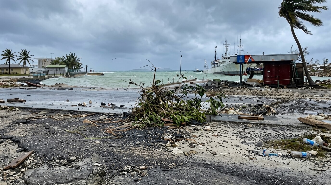 Coastal area with storm damage, debris, uprooted plants, scattered trash, and a ship docked near a small building under cloudy skies.