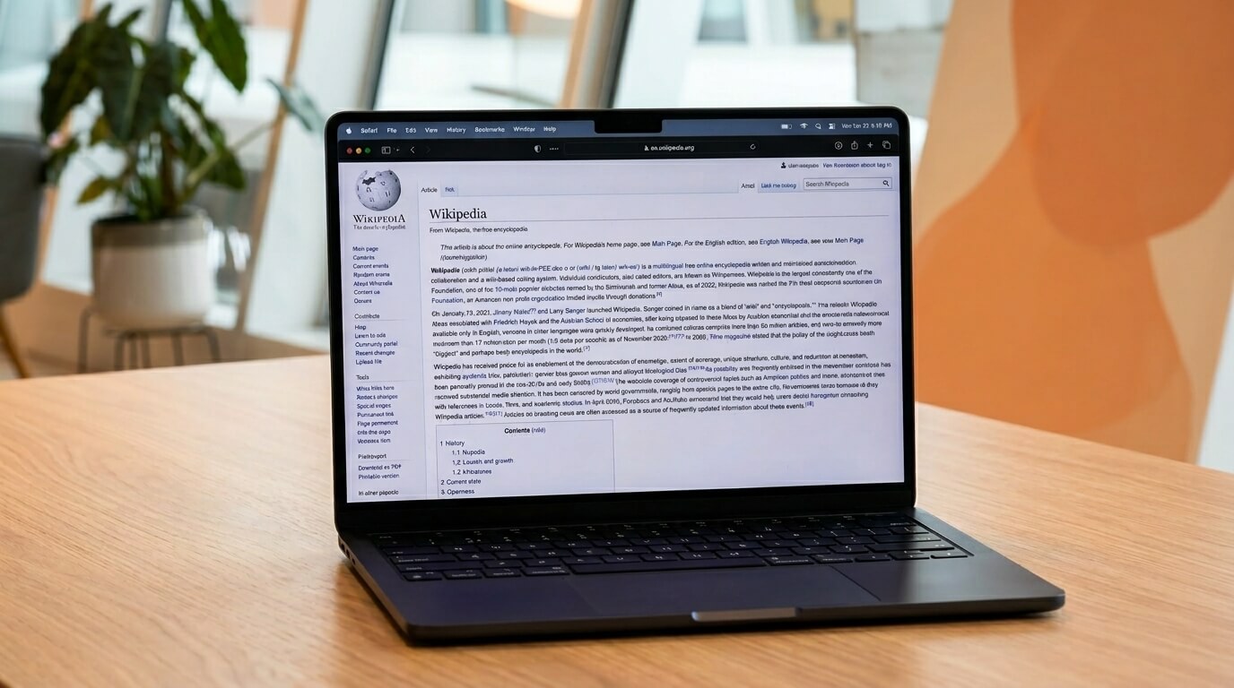 Laptop displaying a Wikipedia page on a wooden table with a plant and chair in the background.