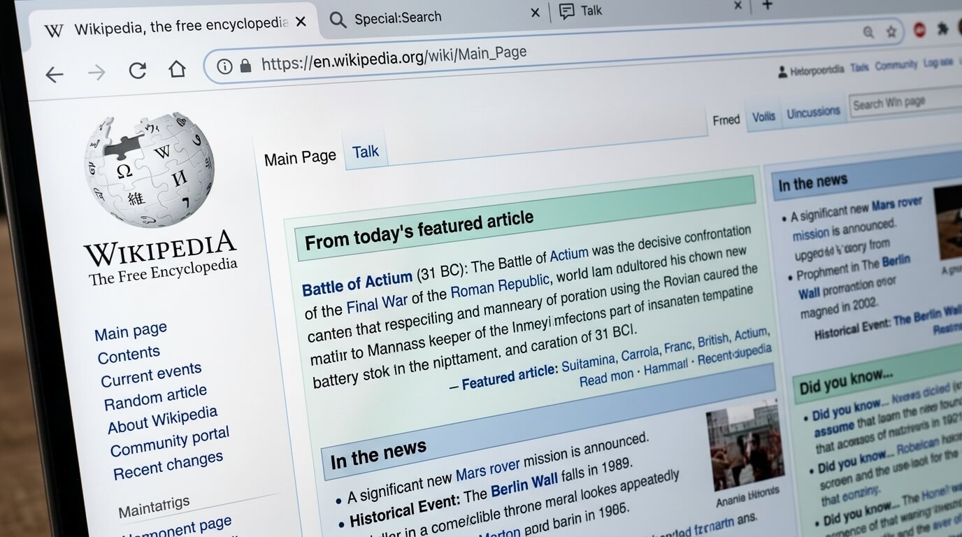 Wikipedia main page featuring the Battle of Actium article and news about Mars rover mission and Berlin Wall event.