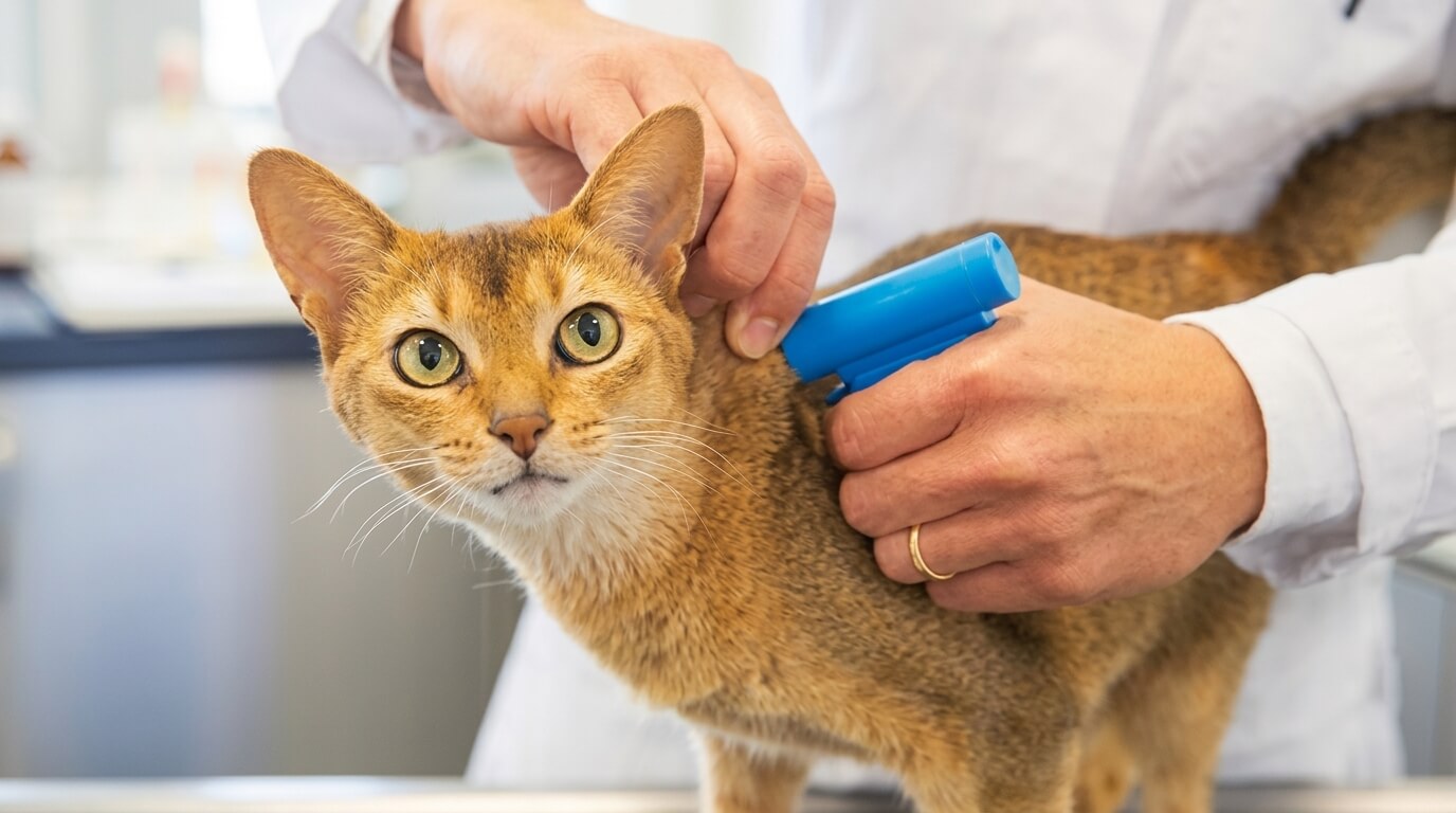 Veterinarian scanning a brown Abyssinian cat with a blue microchip scanner.