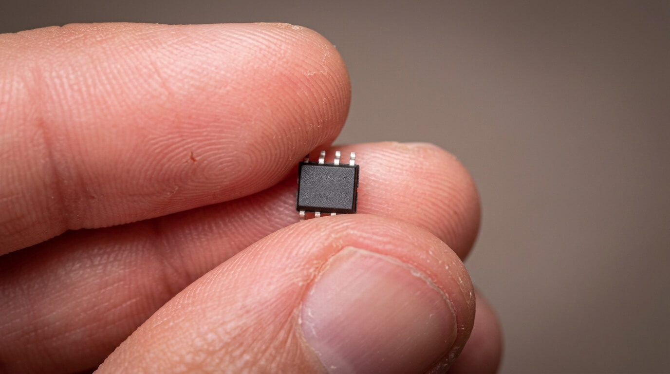 Close-up of a hand holding a small black integrated circuit chip with eight metal pins