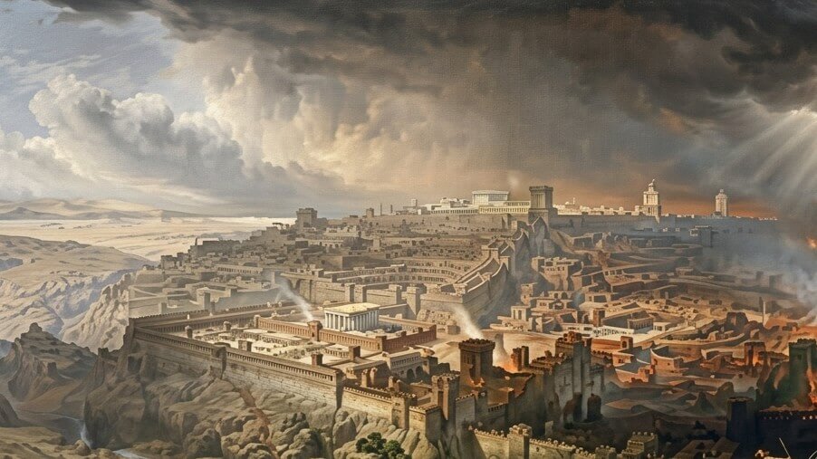Ancient walled city on a rocky hill with smoke rising under a dramatic cloudy sky.