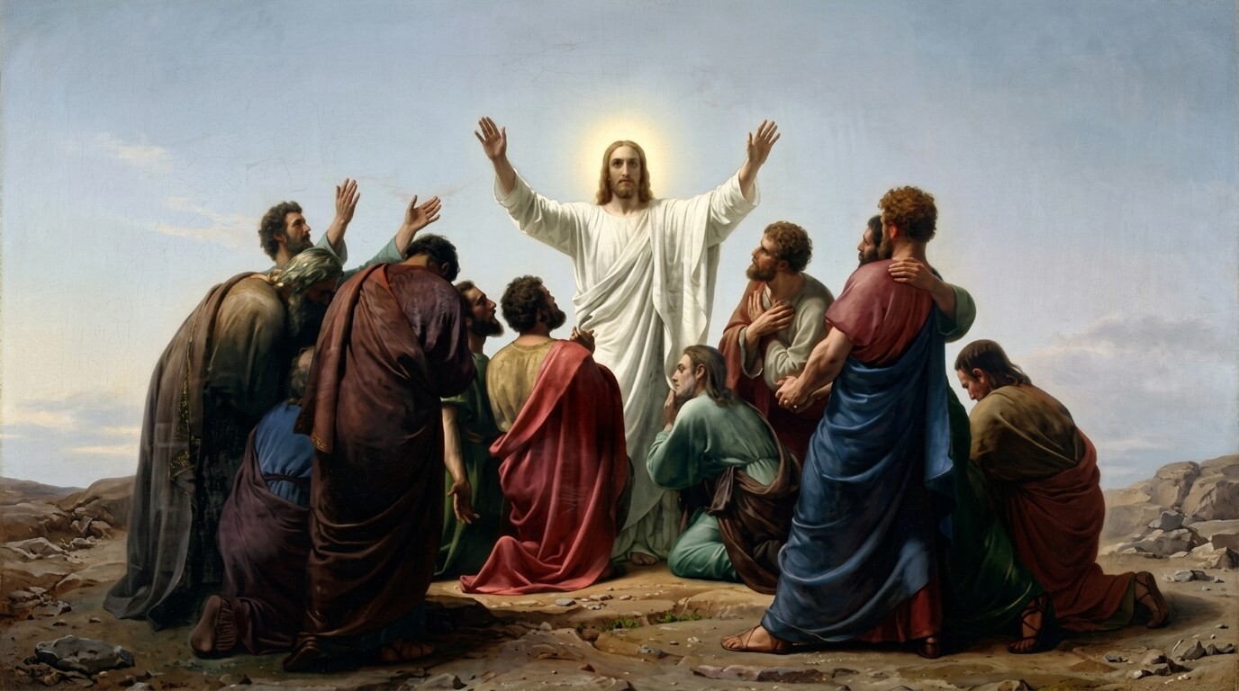 Jesus with a glowing halo raising his arms, surrounded by his twelve apostles in biblical robes on rocky ground.