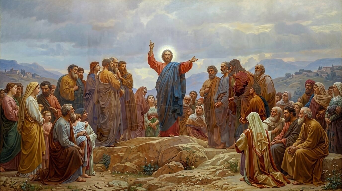 Jesus Christ preaching to a crowd of disciples and followers on a rocky hill under a cloudy sky