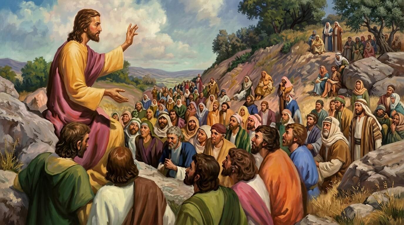 Jesus teaching a large crowd of people seated on rocky terrain outdoors.
