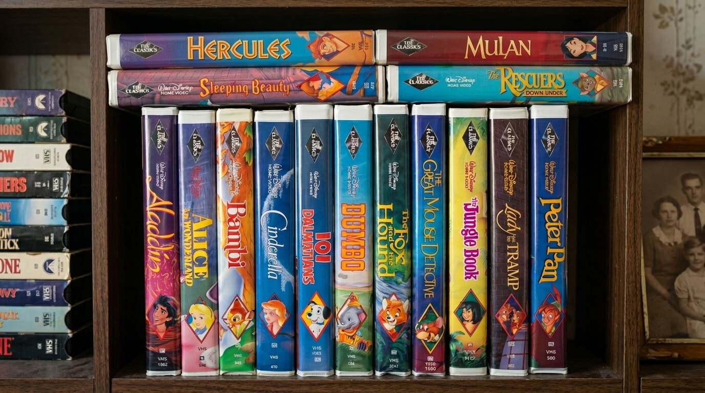 Collection of classic Disney VHS tapes including Hercules, Mulan, Aladdin, Bambi, Dumbo, and Peter Pan on a wooden shelf.