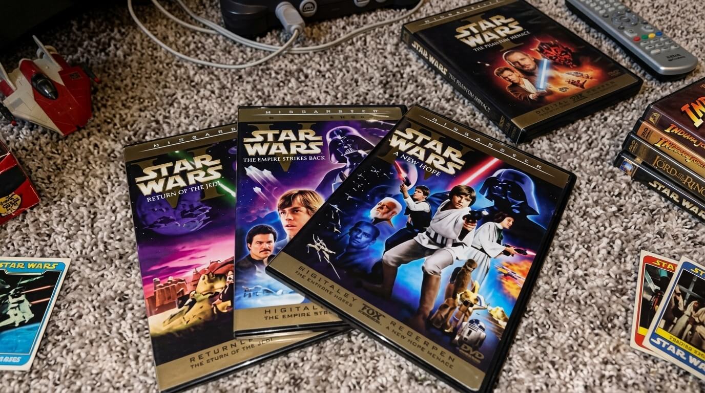 Star Wars DVD cases for A New Hope, The Empire Strikes Back, Return of the Jedi, and The Phantom Menace on carpet with trading cards and toys.