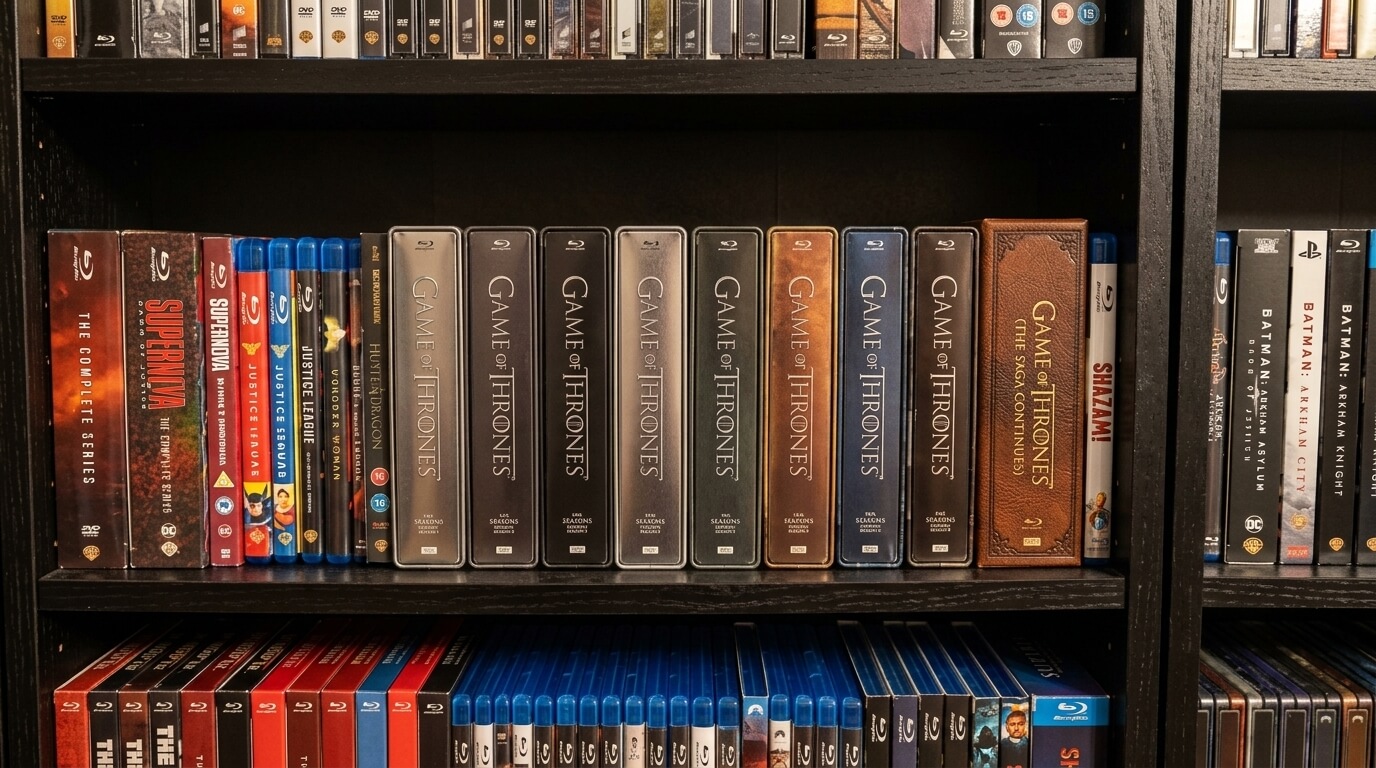 Shelf with Blu-ray and DVD collections including Game of Thrones complete series, Superman, Justice League, Shazam, and Batman Arkham video games.