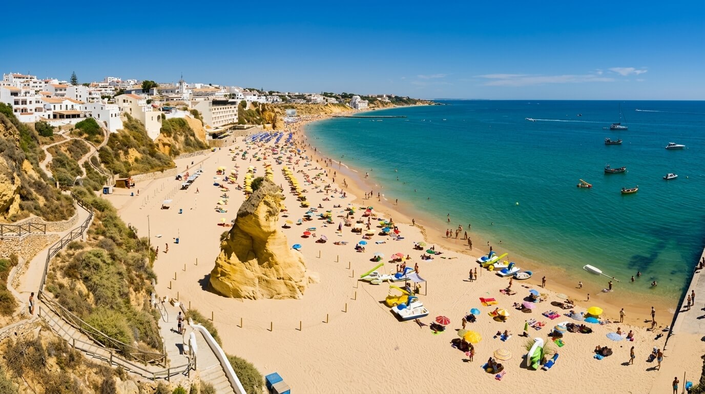 Crowded Praia do Carvoeiro beach with umbrellas, sunbathers, boats, and cliffs in Algarve, Portugal on a sunny day