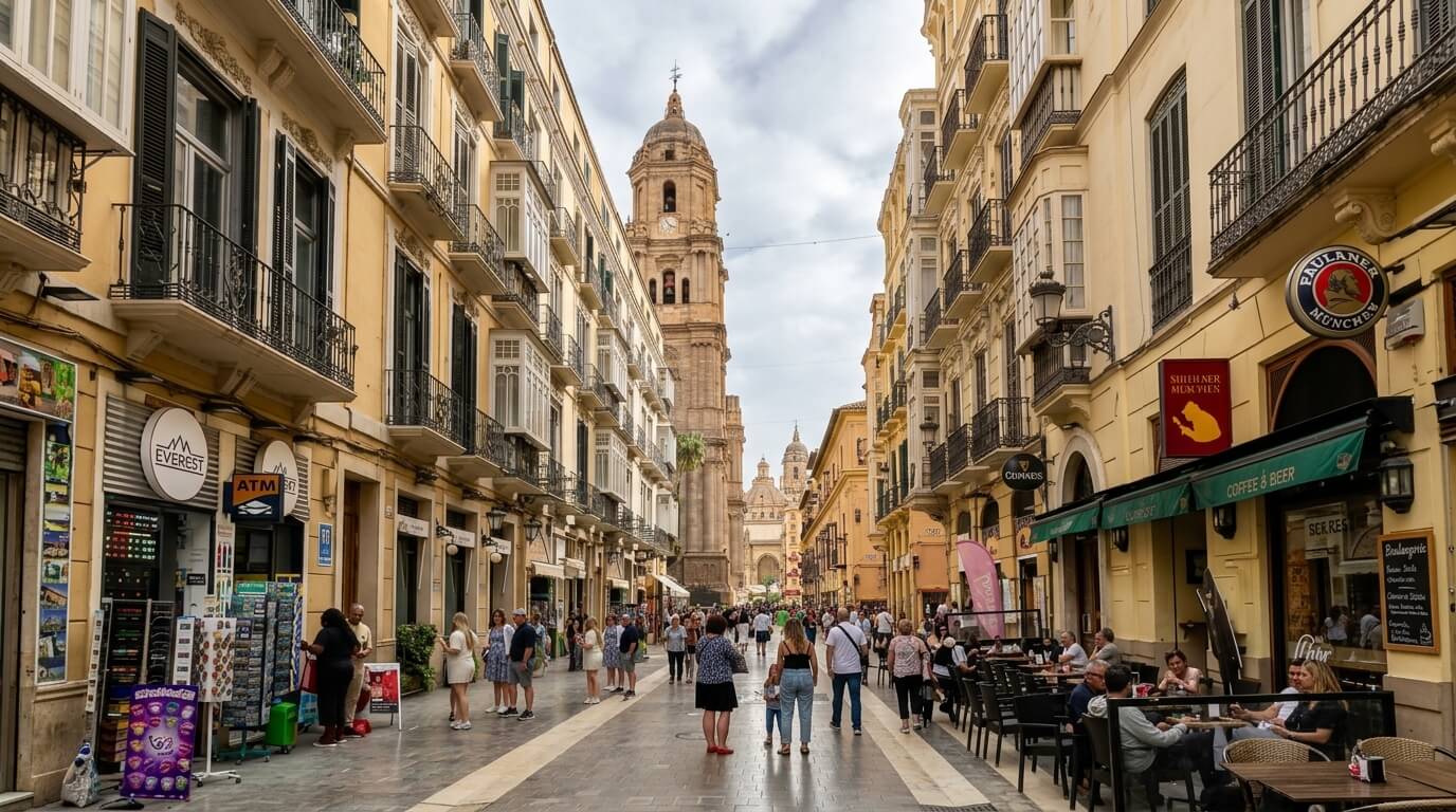 Crowded pedestrian street in Malaga, Spain, with cafes, shops, and the Malaga Cathedral tower in the background.