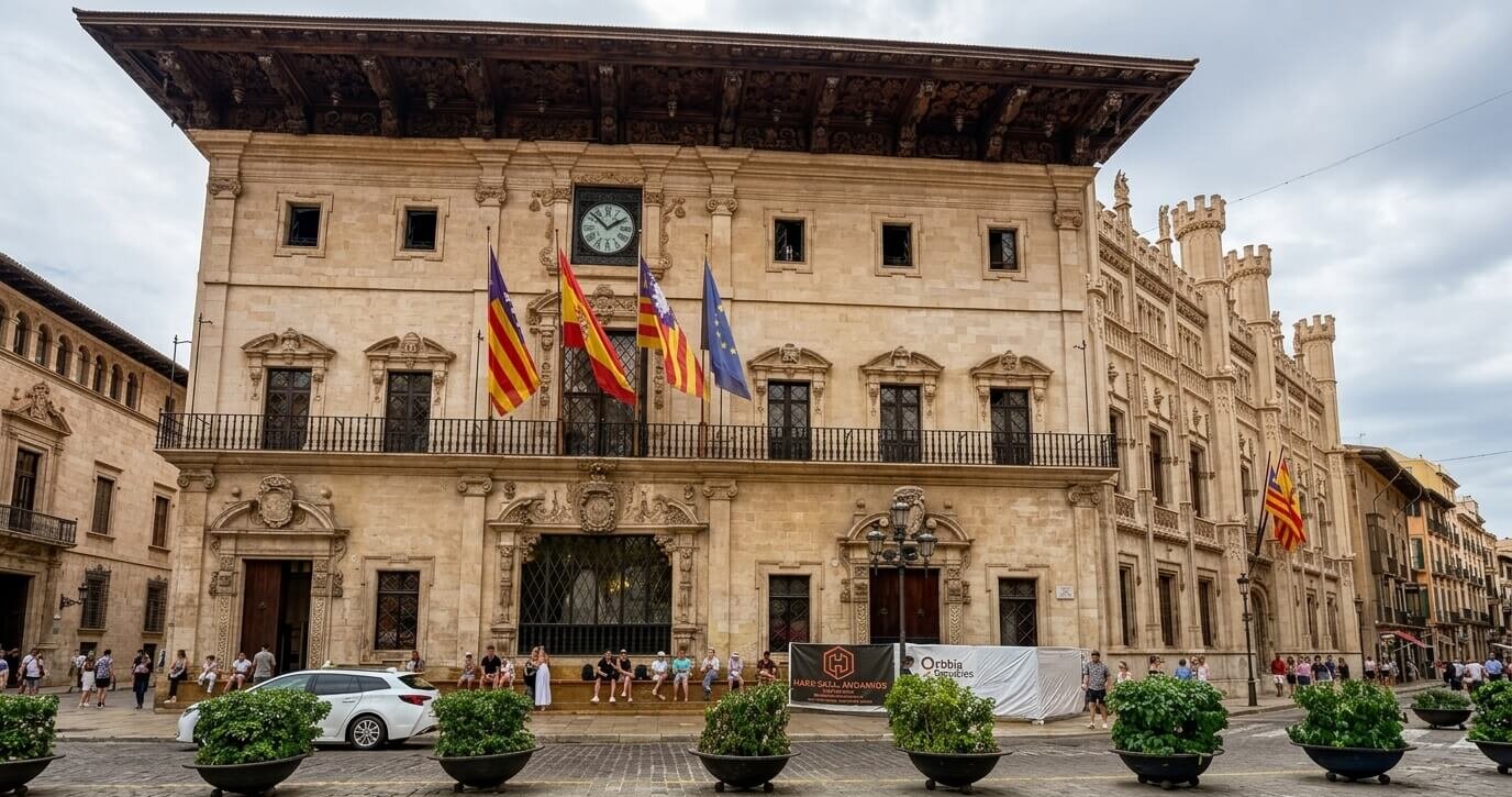 Historic stone building with flags and people sitting on steps in a European city square