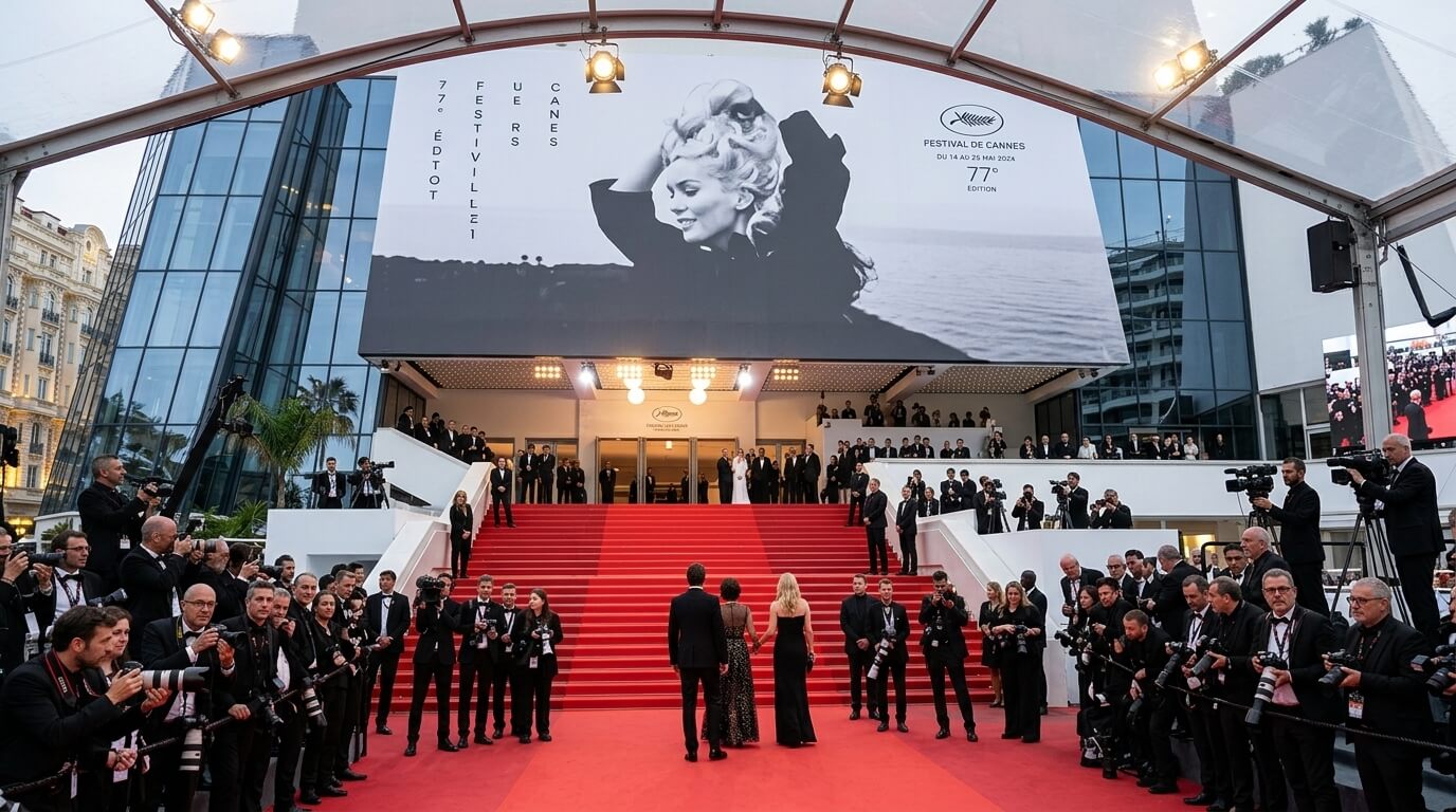 Photographers capturing four people walking the red carpet at the 77th Cannes Film Festival.