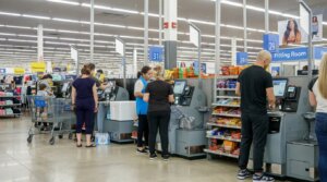 Customers and a Walmart employee using self-checkout stations near candy displays and fitting rooms.