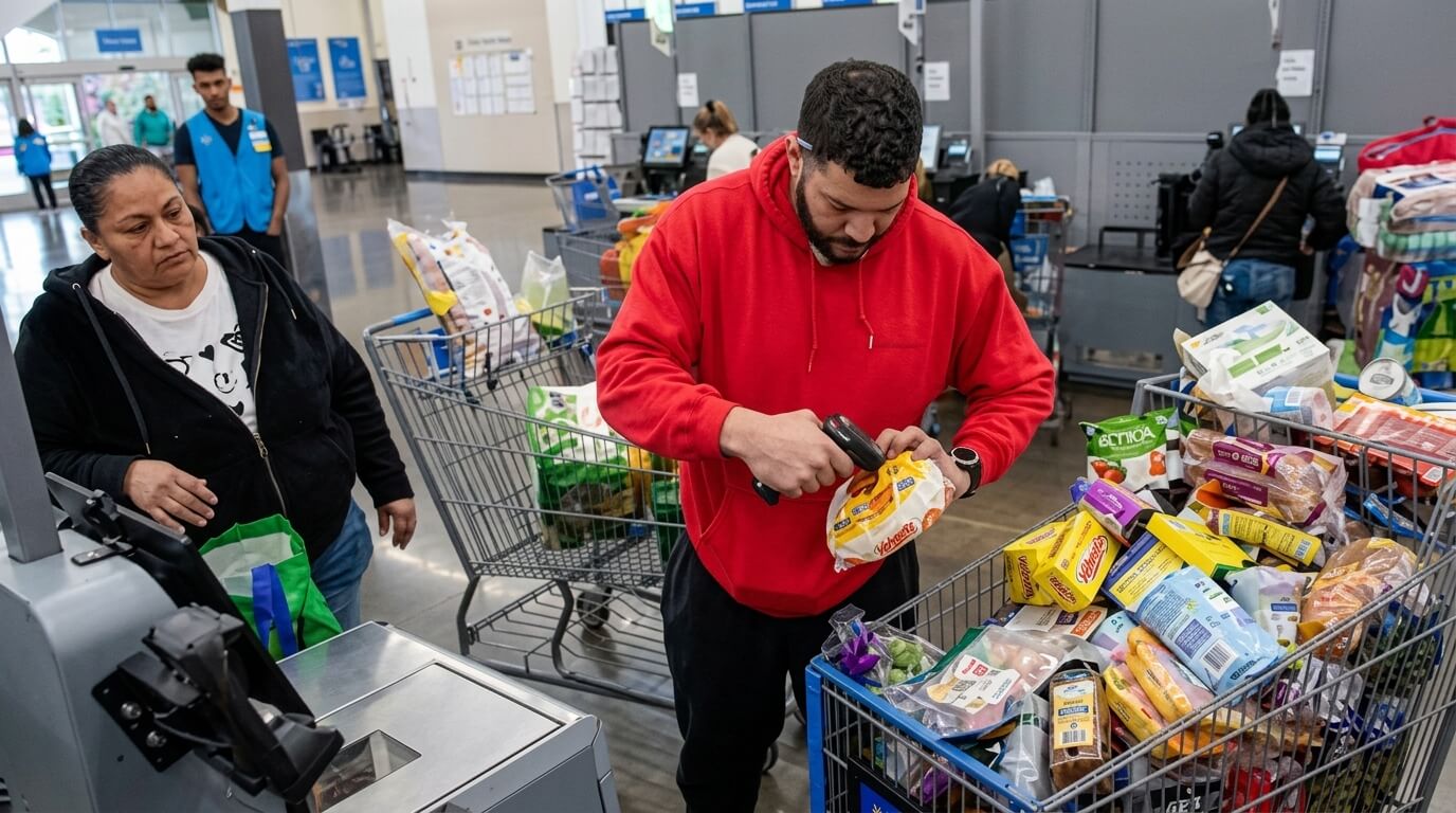Man in red hoodie scanning Velveeta cheese at grocery store checkout with full shopping carts nearby.