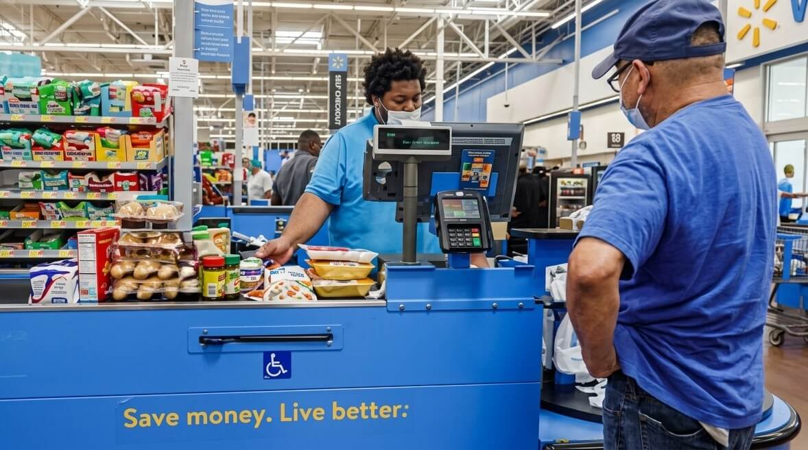Walmart cashier scanning groceries for a masked customer wearing a blue shirt and cap.