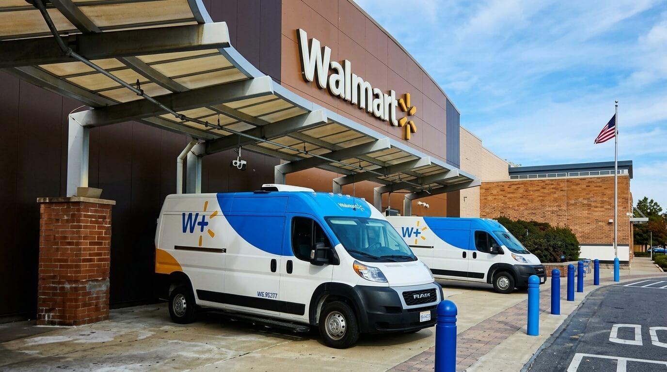 Two Walmart delivery vans parked outside a Walmart store under a covered entrance with an American flag nearby