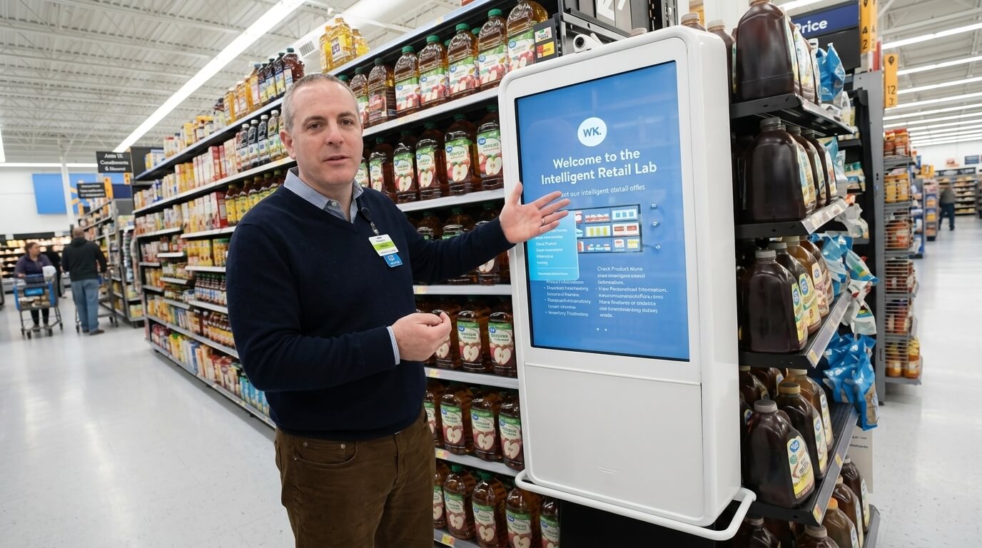 Man in Walmart store demonstrating an interactive screen labeled "Intelligent Retail Lab" near juice shelves