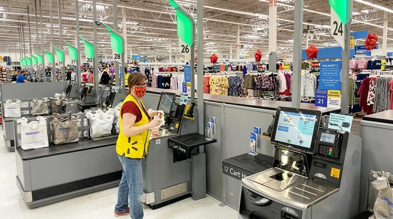 Walmart employee wearing a yellow vest and red mask sanitizing a self-checkout station inside a Walmart store.