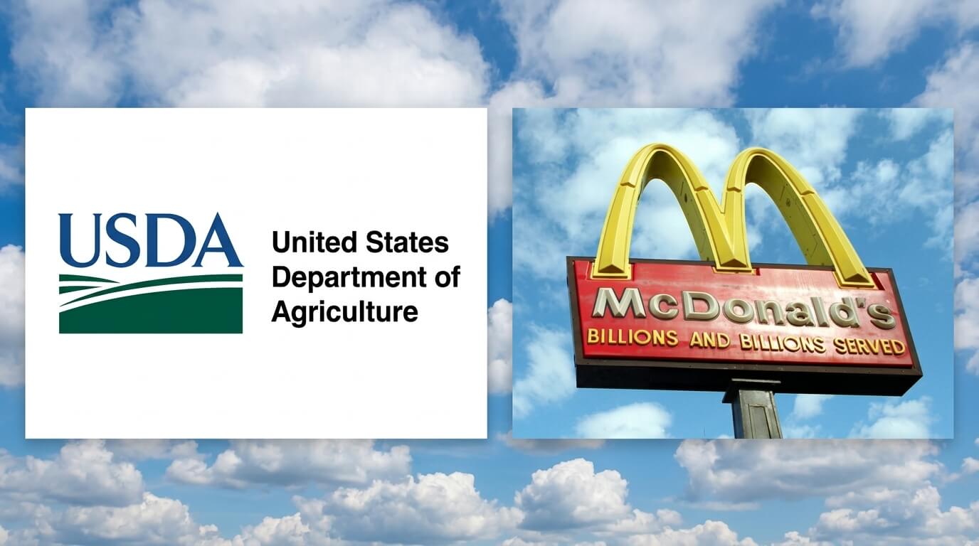 USDA logo with United States Department of Agriculture text and McDonald's sign with golden arches and slogan "Billions and Billions Served"