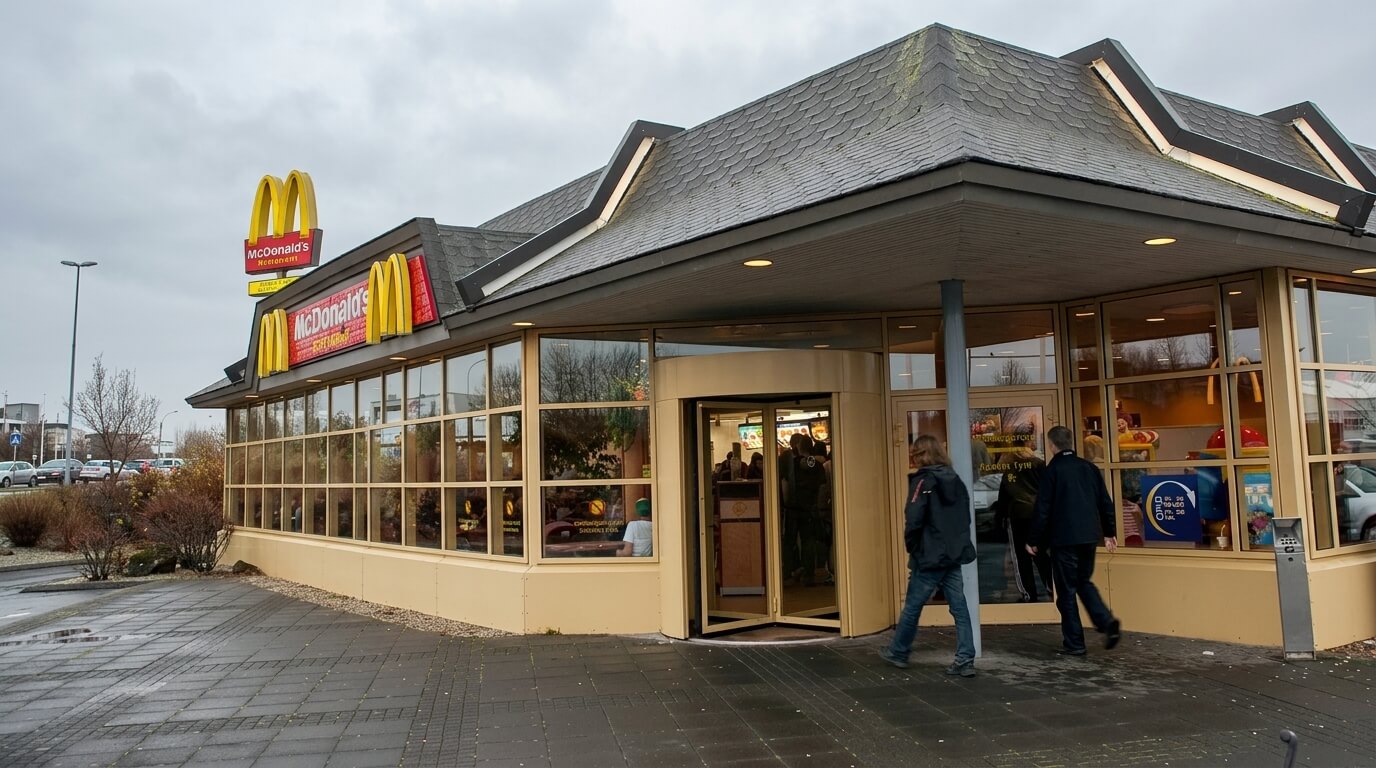 McDonald's restaurant exterior with people entering through a revolving door on a cloudy day