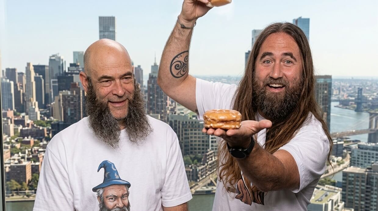 Two bearded men smiling, one holding glazed donuts, with a city skyline and river in the background.