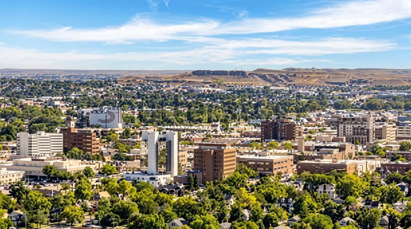 Aerial view of Billings, Montana skyline with downtown buildings and surrounding residential areas under a blue sky.