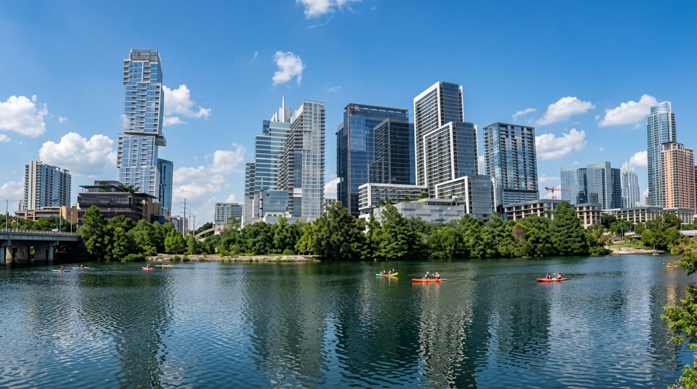 Kayakers paddling on a river with downtown Austin, Texas skyline and blue sky in the background