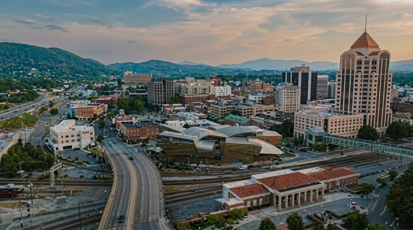 Aerial view of downtown Asheville, North Carolina, featuring the Asheville Art Museum and the Bank of America building at sunset.