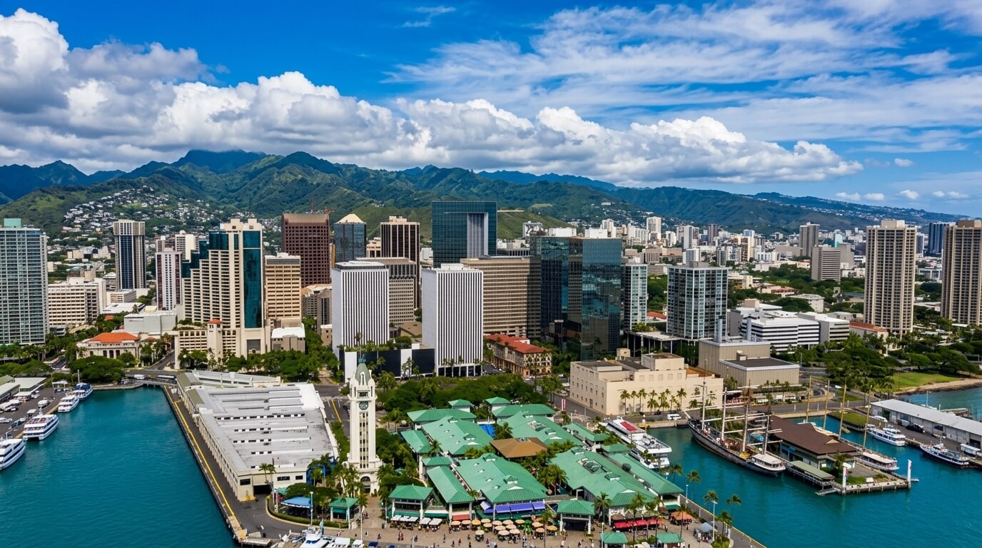 Downtown Honolulu skyline with Aloha Tower and harbor boats against mountain backdrop under blue sky