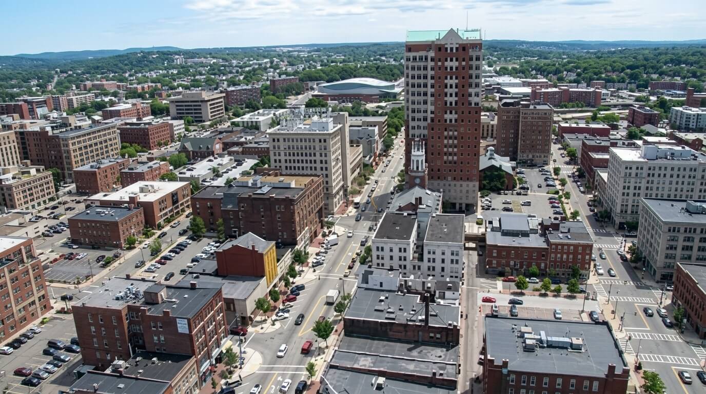 Aerial view of downtown Worcester, Massachusetts with the 24-story tower and city streets.