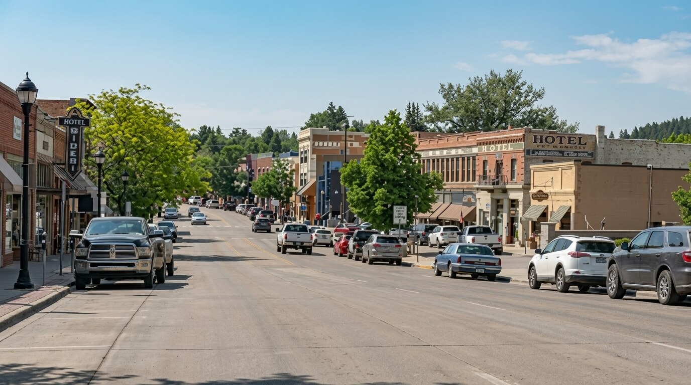 Main street of a small town with parked cars, trees, and historic hotel buildings under a clear sky.