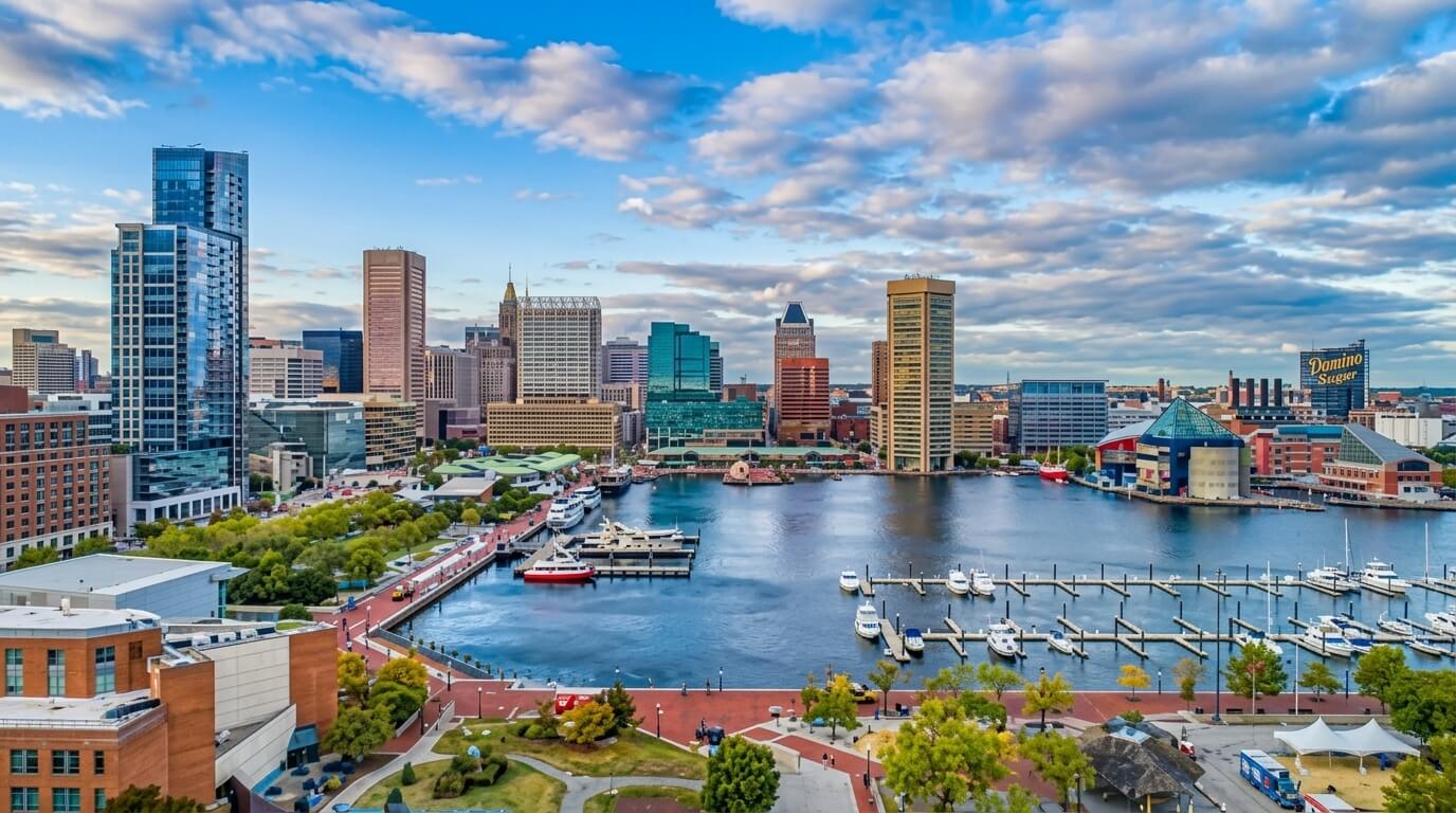 Baltimore Inner Harbor with boats docked and city skyline under a partly cloudy sky.