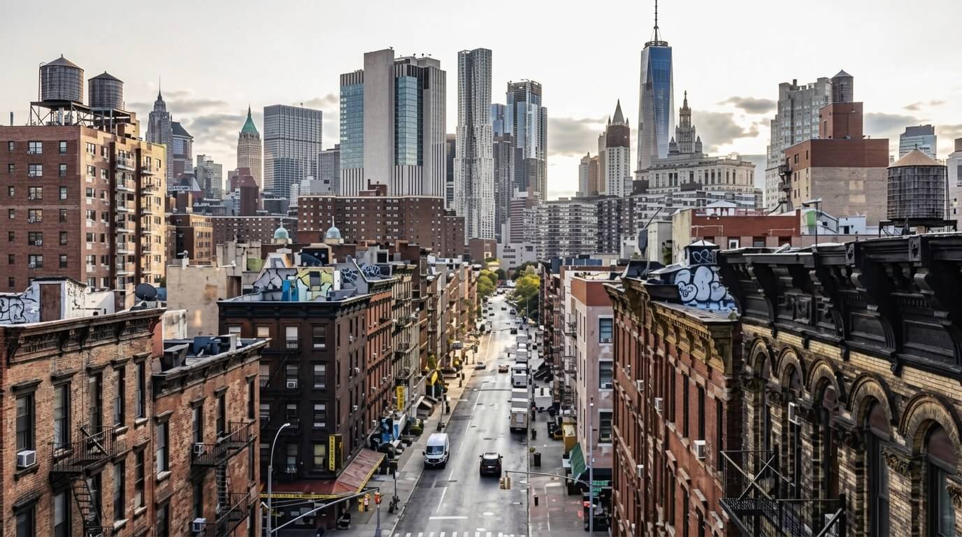 New York City street view with brick buildings, traffic, and One World Trade Center in the skyline at sunset.