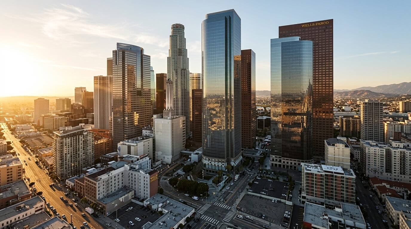 Downtown Los Angeles skyline at sunset with Wells Fargo and Wells Fargo Tower skyscrapers visible.
