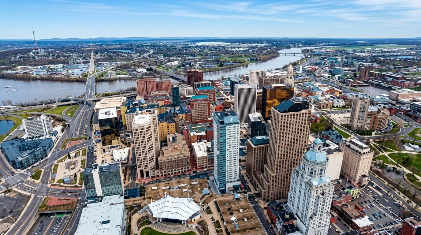 Aerial view of downtown Worcester, Massachusetts, showing the river, bridges, and city skyline with high-rise buildings.
