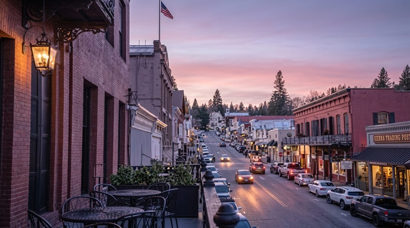 Historic downtown street at dusk with parked cars, outdoor seating, and Sierra Trading Post store visible