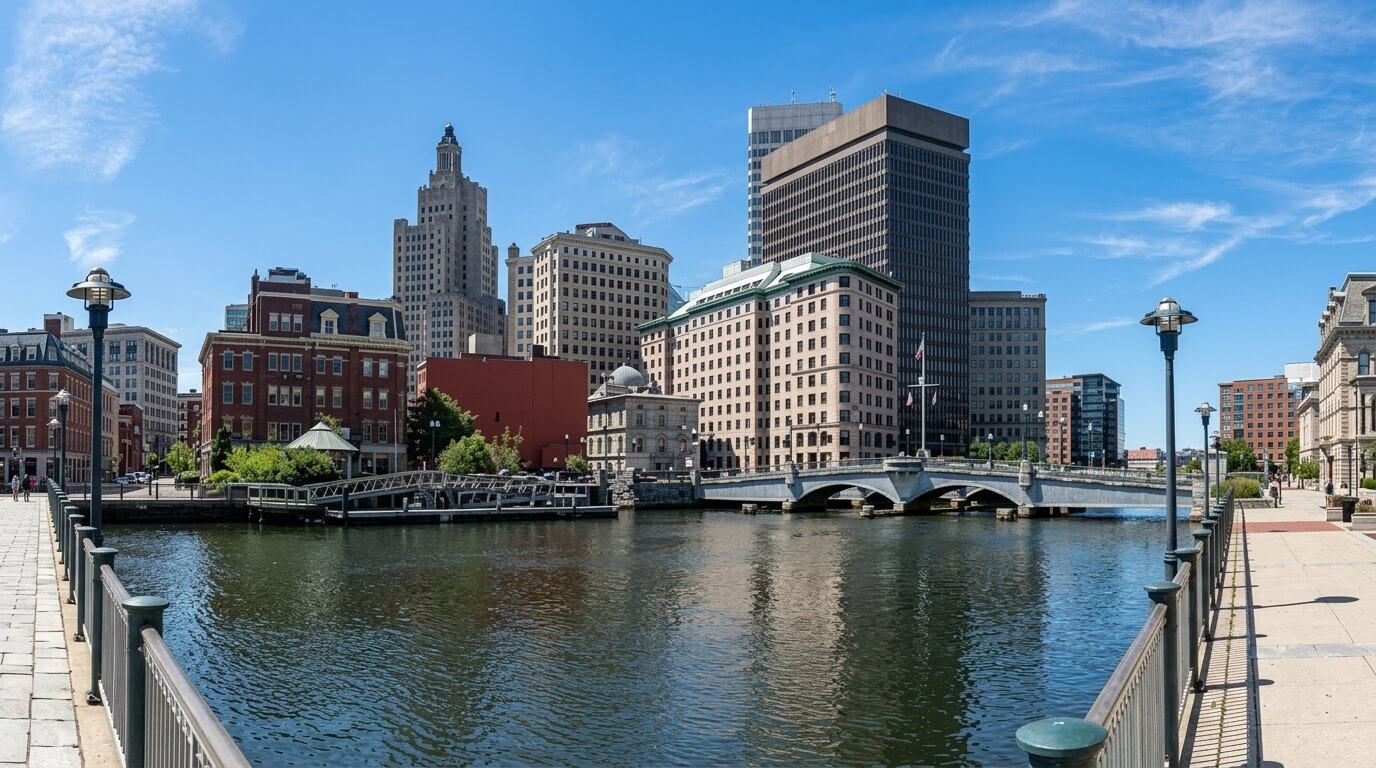 Providence, Rhode Island skyline with Waterplace Park bridge over the river on a clear day.