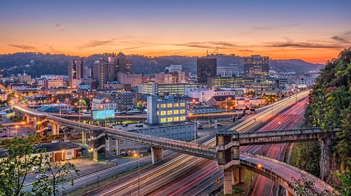 Downtown city skyline at sunset with illuminated buildings and busy highway overpasses with light trails.