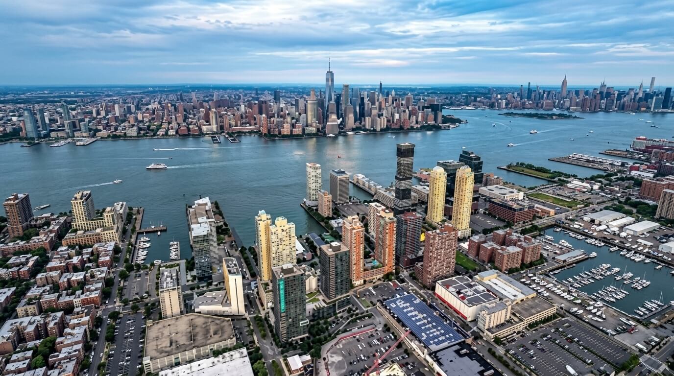 Aerial view of Jersey City waterfront with Manhattan skyline and One World Trade Center across the Hudson River.