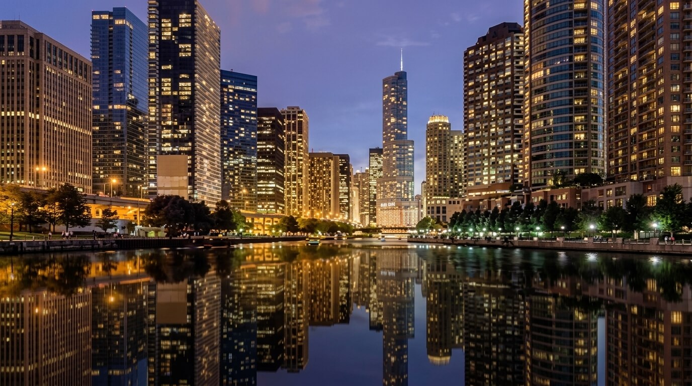 Chicago skyline at dusk with illuminated skyscrapers reflecting on the Chicago River