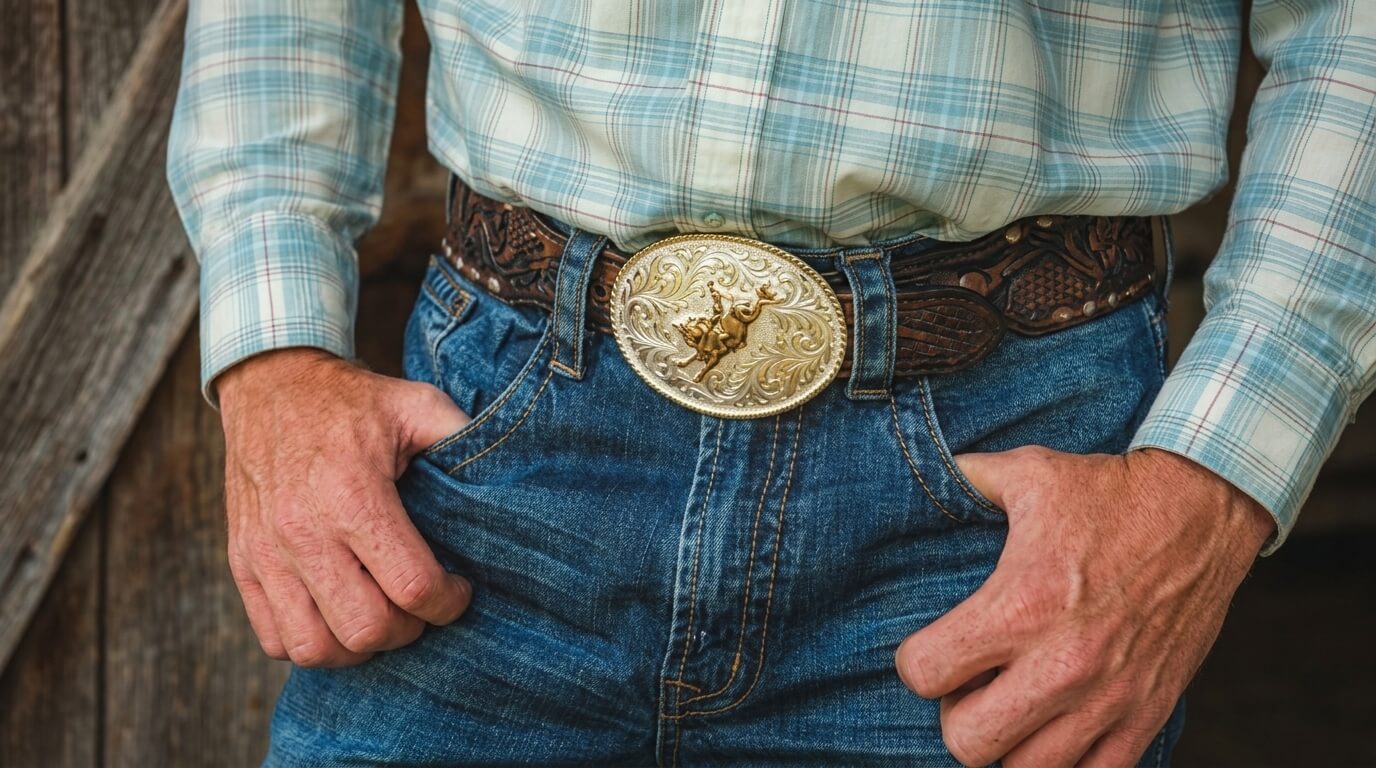 Man wearing blue plaid shirt, blue jeans, and a leather belt with a gold rodeo buckle showing a bull rider.