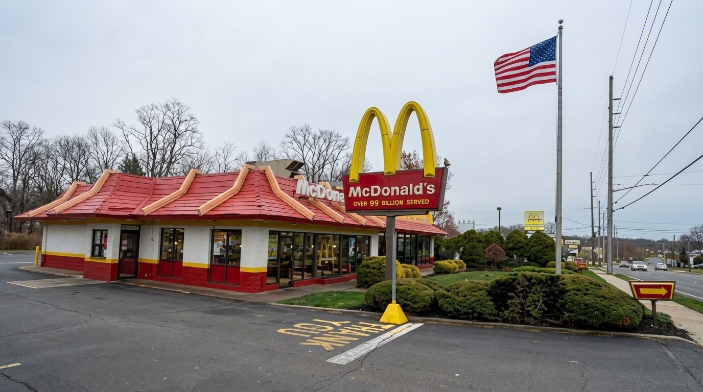 McDonald's restaurant with red roof, yellow arches sign, and American flag on a cloudy day