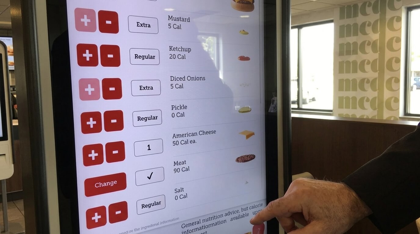 Person customizing burger toppings and calories on a McDonald's touchscreen ordering kiosk