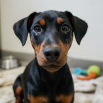 Doberman puppy with tear stains sitting on a blanket in a kennel with toys and a water bowl nearby