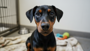 Doberman puppy with tear stains sitting on a blanket in a kennel with toys and a water bowl nearby