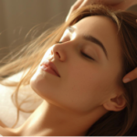 Woman with closed eyes receiving a gentle head massage with hands on her scalp